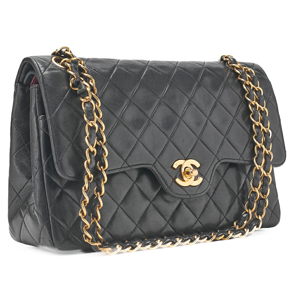 CHANEL Matelasse Wave Flap Double Flap 25cm Chain Shoulder Lambskin Black Gold-Tone Hardware, Pre-Owned