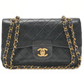 CHANEL Matelasse 23cm Double Flap Chain Shoulder Bag Lambskin Black Gold-Tone Hardware, Pre-Owned
