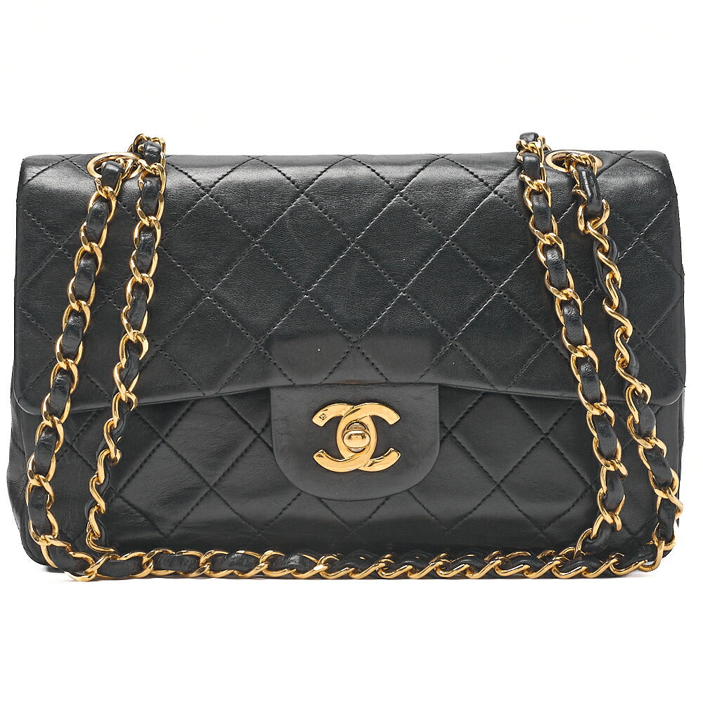 CHANEL Matelasse 23cm Double Flap Chain Shoulder Bag Lambskin Black Gold-Tone Hardware, Pre-Owned