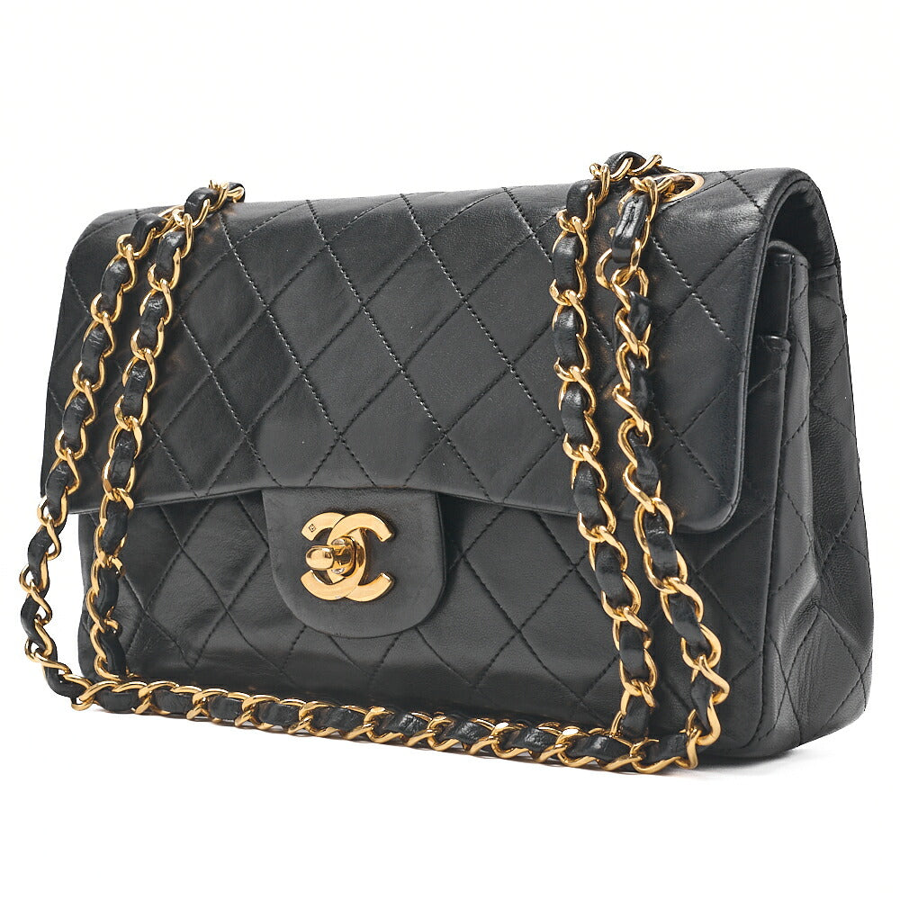 CHANEL Matelasse 23cm Double Flap Chain Shoulder Bag Lambskin Black Gold-Tone Hardware, Pre-Owned
