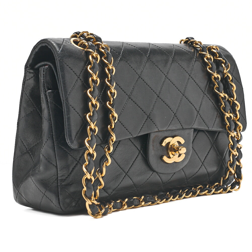 CHANEL Matelasse 23cm Double Flap Chain Shoulder Bag Lambskin Black Gold-Tone Hardware, Pre-Owned