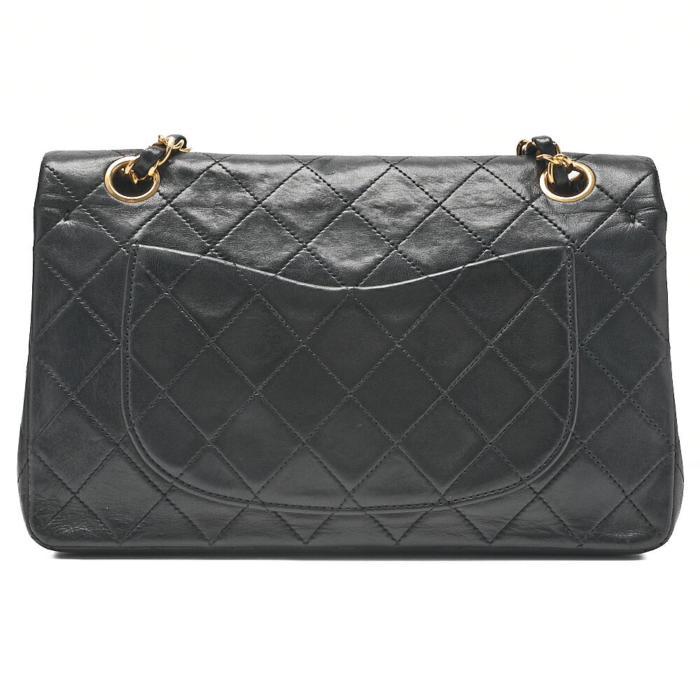 CHANEL Matelasse 23cm Double Flap Chain Shoulder Bag Lambskin Black Gold-Tone Hardware, Pre-Owned
