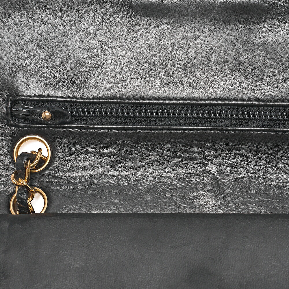 CHANEL Matelasse 23cm Double Flap Chain Shoulder Bag Lambskin Black Gold-Tone Hardware, Pre-Owned