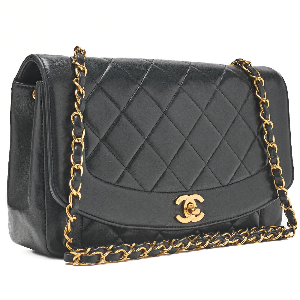 CHANEL Matelasse Diana Flap 25cm Chain Shoulder Lambskin Black Gold -Tone Hardware, Pre-Owned