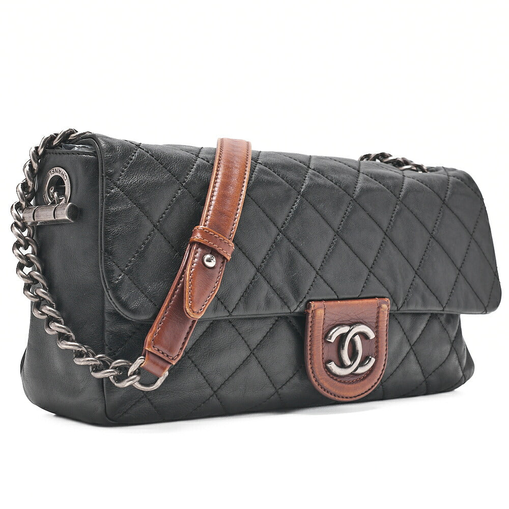 CHANEL Lambskin �~ Leather Matrasse Single Chain Shoulder Black �~ Brown Silver-Tone Hardware, Pre-Owned