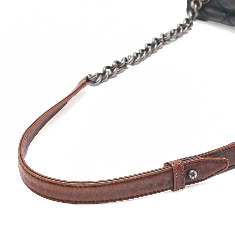 CHANEL Lambskin �~ Leather Matrasse Single Chain Shoulder Black �~ Brown Silver-Tone Hardware, Pre-Owned