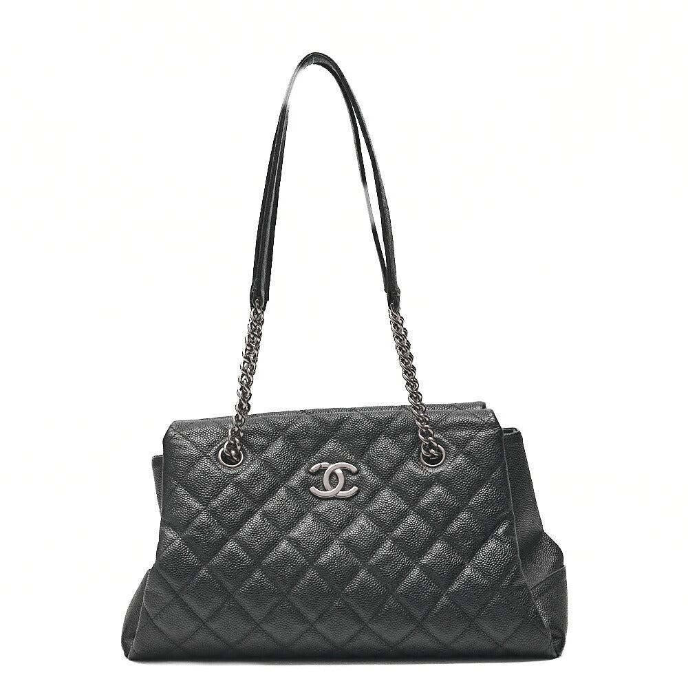 CHANEL Caviar Skin Coco Mark Chain Tote Bag Black Silver-Tone Hardware, Pre-Owned