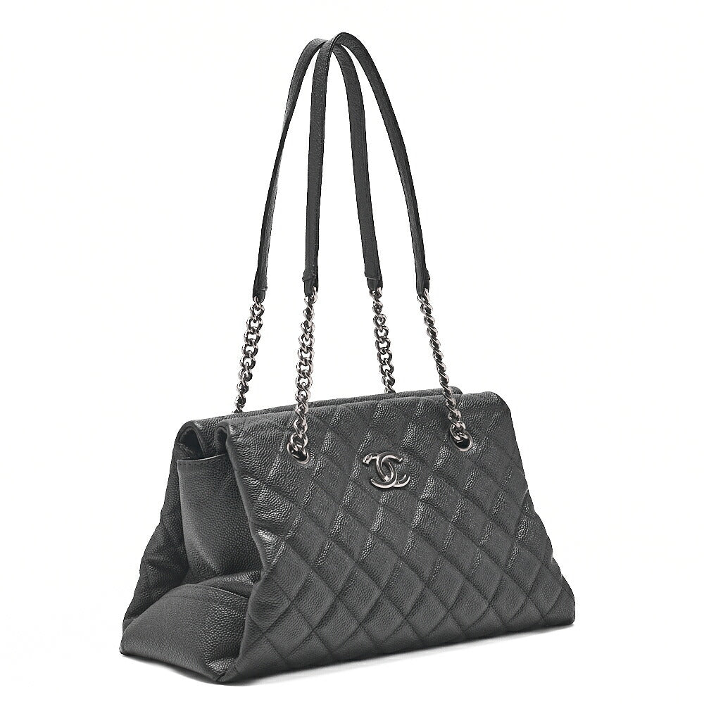 CHANEL Caviar Skin Coco Mark Chain Tote Bag Black Silver-Tone Hardware, Pre-Owned
