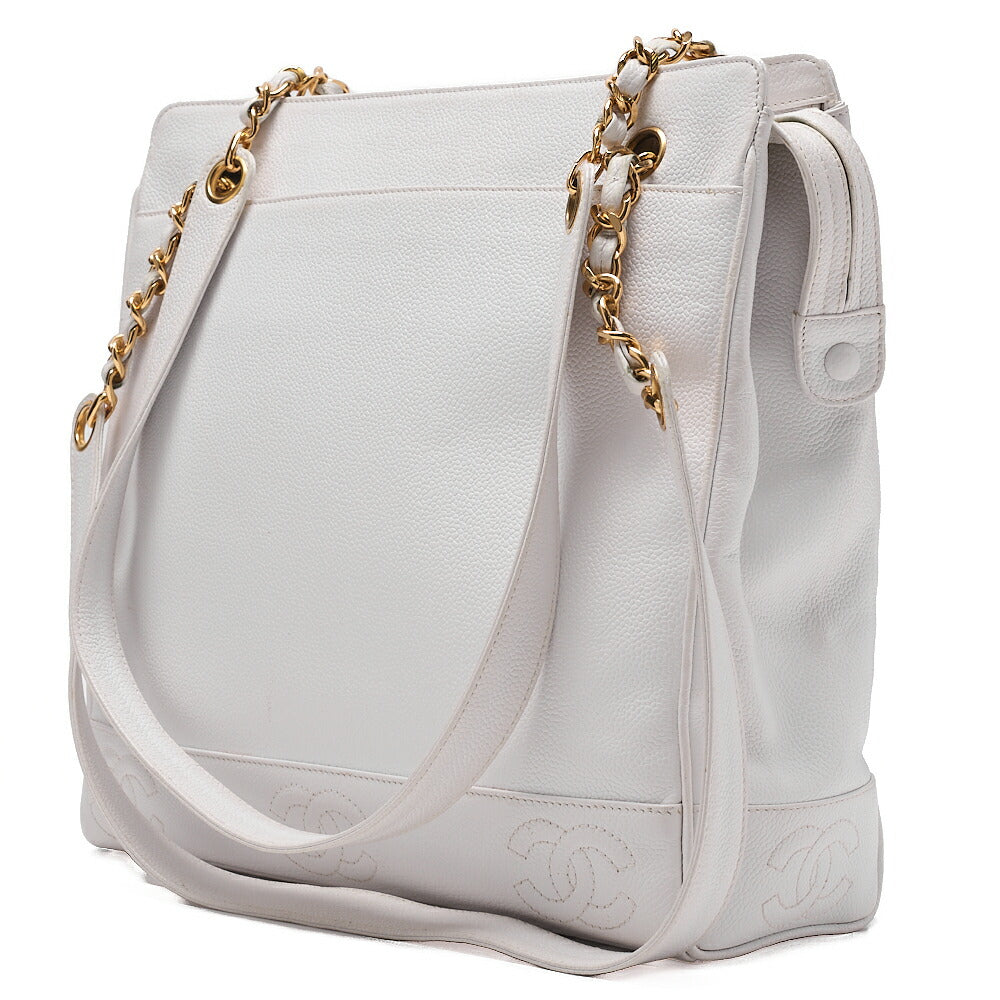 CHANEL Caviar Skin Triple Coco W Chain Shoulder White Gold-Tone Hardware, Pre-Owned