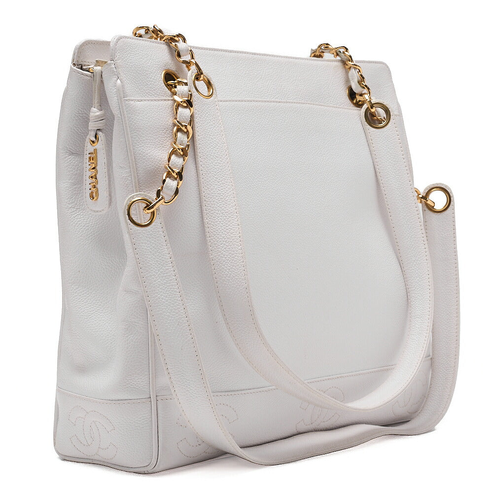 CHANEL Caviar Skin Triple Coco W Chain Shoulder White Gold-Tone Hardware, Pre-Owned
