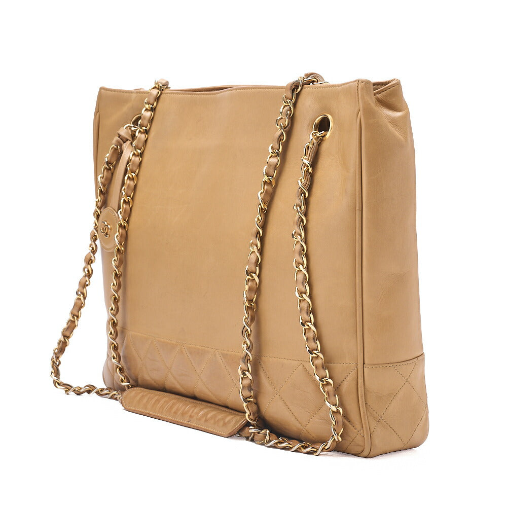 CHANEL Matelasse with Charm Chain Shoulder Lambskin Beige Gold-Tone Hardware, Pre-Owned