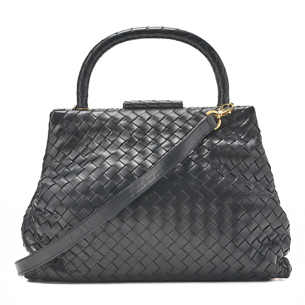 BOTTEGA VENETA Bottega Lambskin Intrecciato Mouth 2-Way Handbag Black Gold-Tone Hardware, Pre-Owned