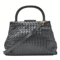 BOTTEGA VENETA Bottega Lambskin Intrecciato Mouth 2-Way Handbag Black Gold-Tone Hardware, Pre-Owned