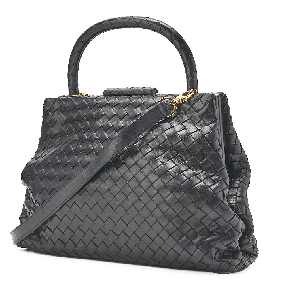 BOTTEGA VENETA Bottega Lambskin Intrecciato Mouth 2-Way Handbag Black Gold-Tone Hardware, Pre-Owned