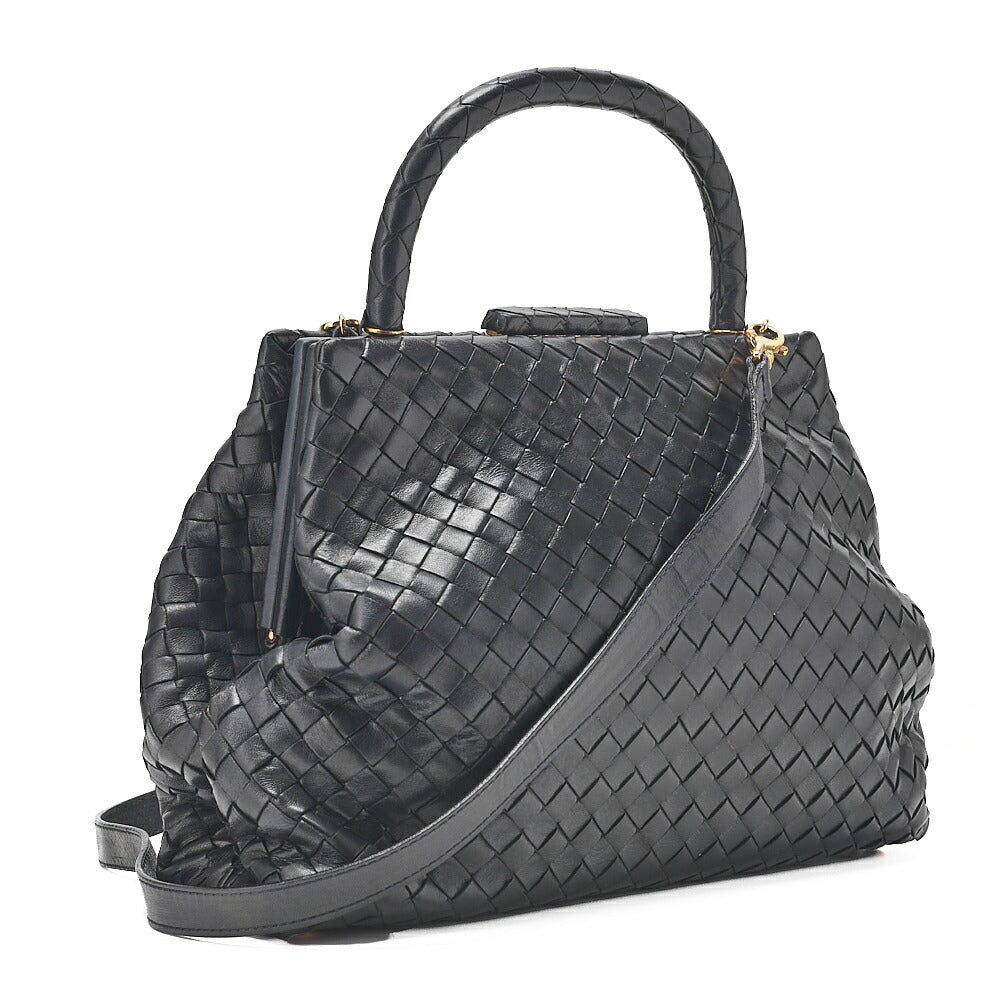 BOTTEGA VENETA Bottega Lambskin Intrecciato Mouth 2-Way Handbag Black Gold-Tone Hardware, Pre-Owned