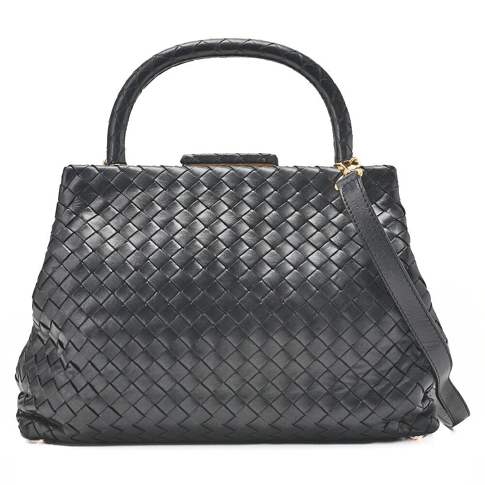 BOTTEGA VENETA Bottega Lambskin Intrecciato Mouth 2-Way Handbag Black Gold-Tone Hardware, Pre-Owned