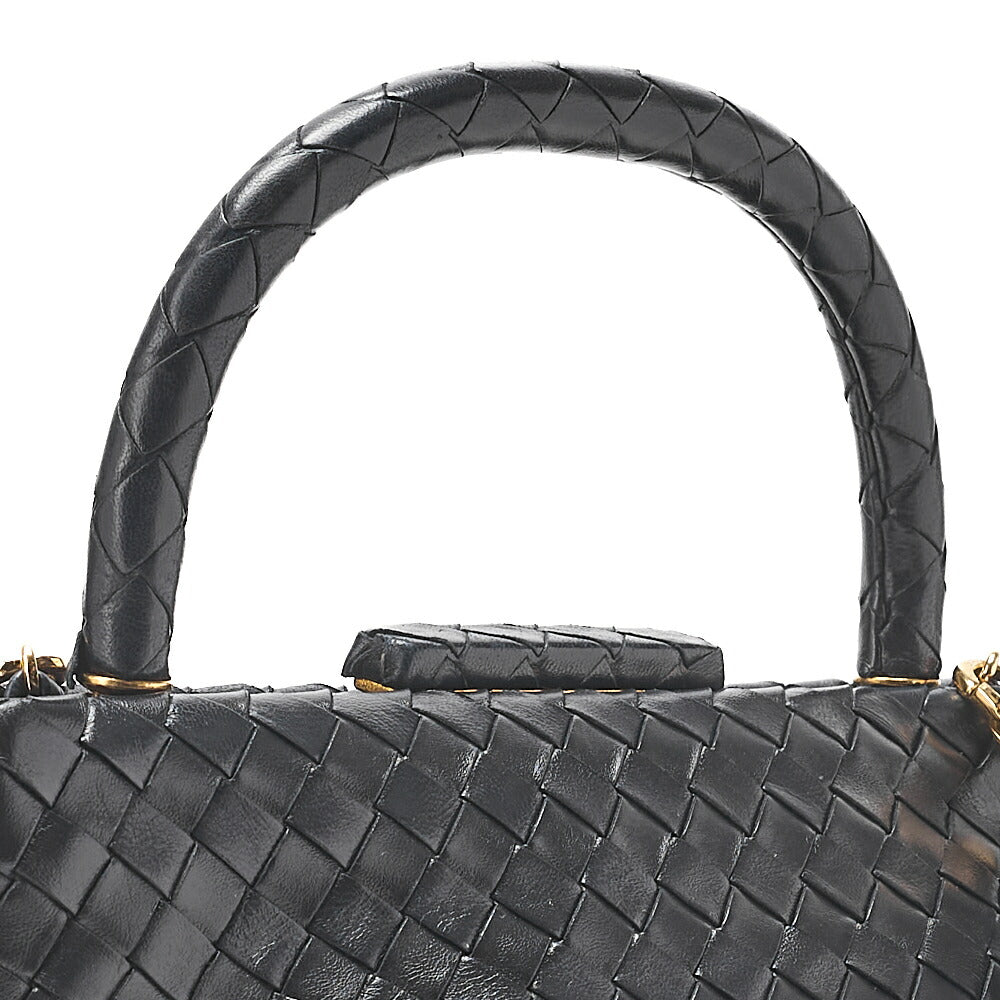 BOTTEGA VENETA Bottega Lambskin Intrecciato Mouth 2-Way Handbag Black Gold-Tone Hardware, Pre-Owned