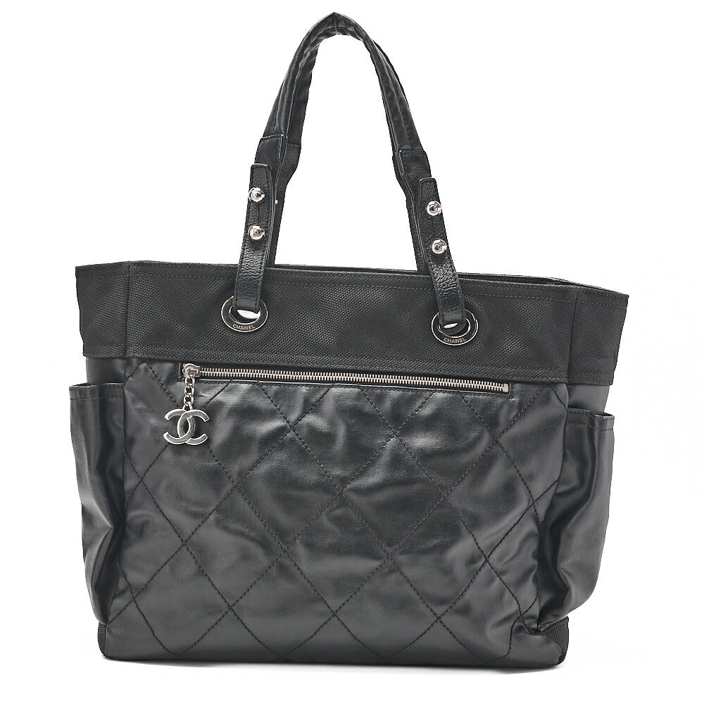 CHANEL Tote Bag Coated Canvas Paris Biarritz GM Coco Charm Black Silver-Tone Hardware, Pre-Owned