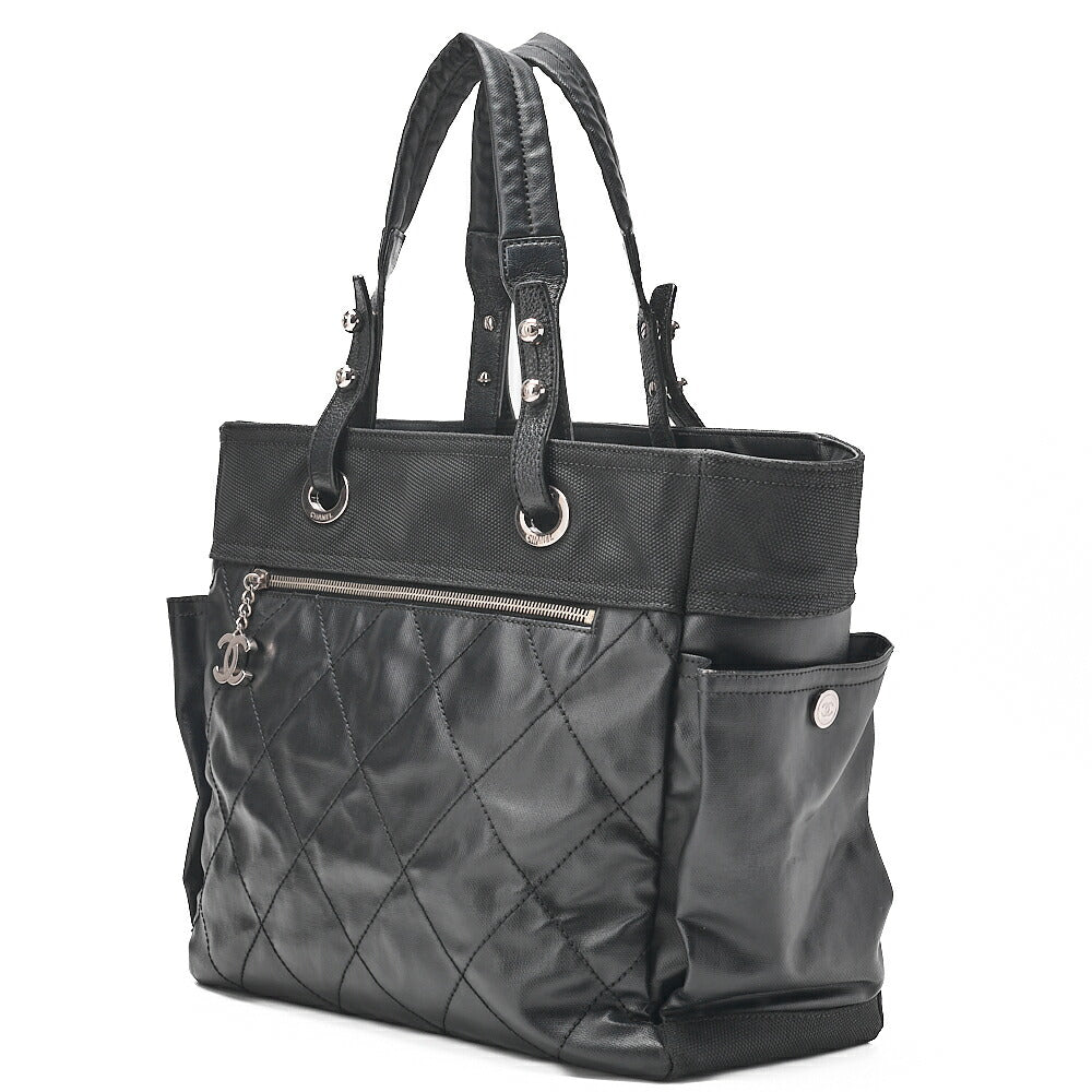 CHANEL Tote Bag Coated Canvas Paris Biarritz GM Coco Charm Black Silver-Tone Hardware, Pre-Owned