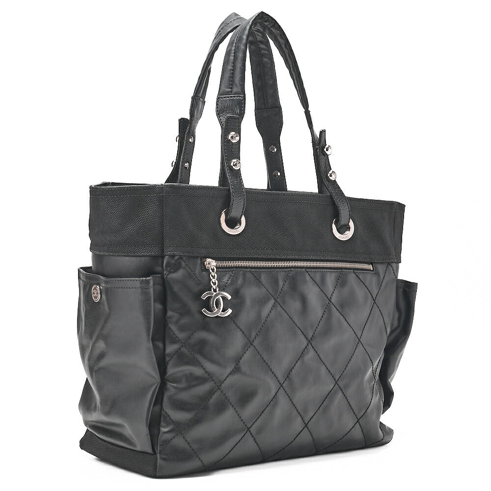 CHANEL Tote Bag Coated Canvas Paris Biarritz GM Coco Charm Black Silver-Tone Hardware, Pre-Owned