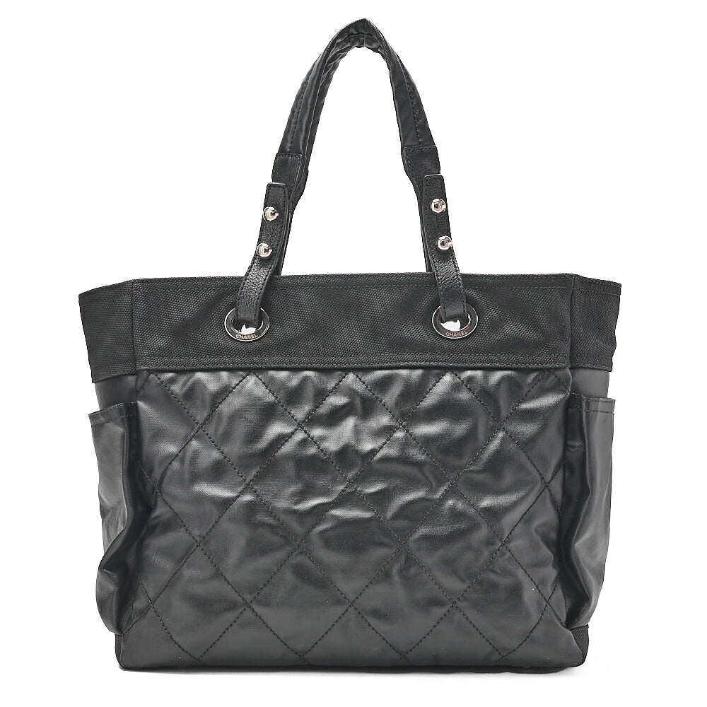 CHANEL Tote Bag Coated Canvas Paris Biarritz GM Coco Charm Black Silver-Tone Hardware, Pre-Owned