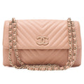 CHANEL V-Stitch Push Lock Coco Mark Chain Shoulder Calfskin Beige Gold-Tone Hardware, Pre-Owned