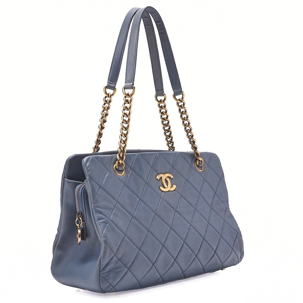 CHANEL Chain Tote Bag Cocomark Matrasse Lambskin Navy Gold-Tone Hardware, Pre-Owned