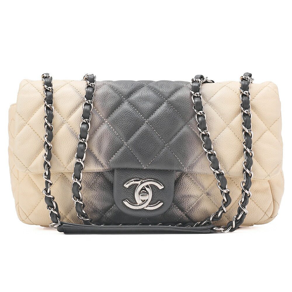 CHANEL Caviar Skin Matelasse 25cm Single Flap Chain Shoulder Beige X Grey Silver-Tone Hardware, Pre-Owned