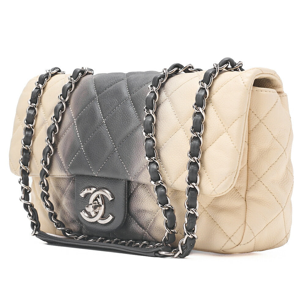 CHANEL Caviar Skin Matelasse 25cm Single Flap Chain Shoulder Beige X Grey Silver-Tone Hardware, Pre-Owned