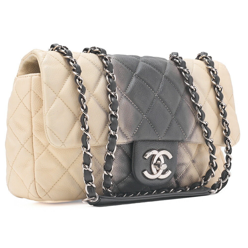 CHANEL Caviar Skin Matelasse 25cm Single Flap Chain Shoulder Beige X Grey Silver-Tone Hardware, Pre-Owned