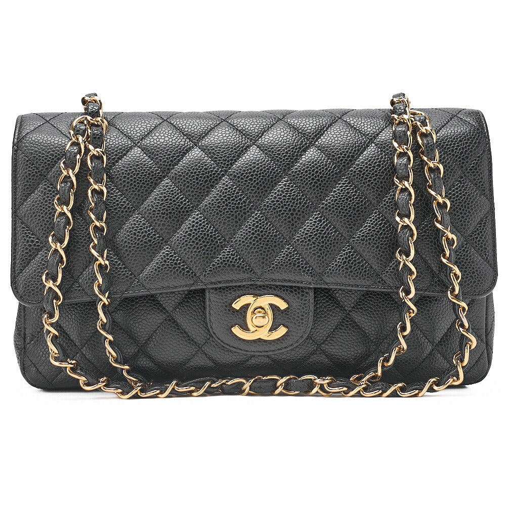 CHANEL Caviar Skin Matrasse 25cm Double Flap Chain Shoulder Black Gold-Tone Hardware, Pre-Owned