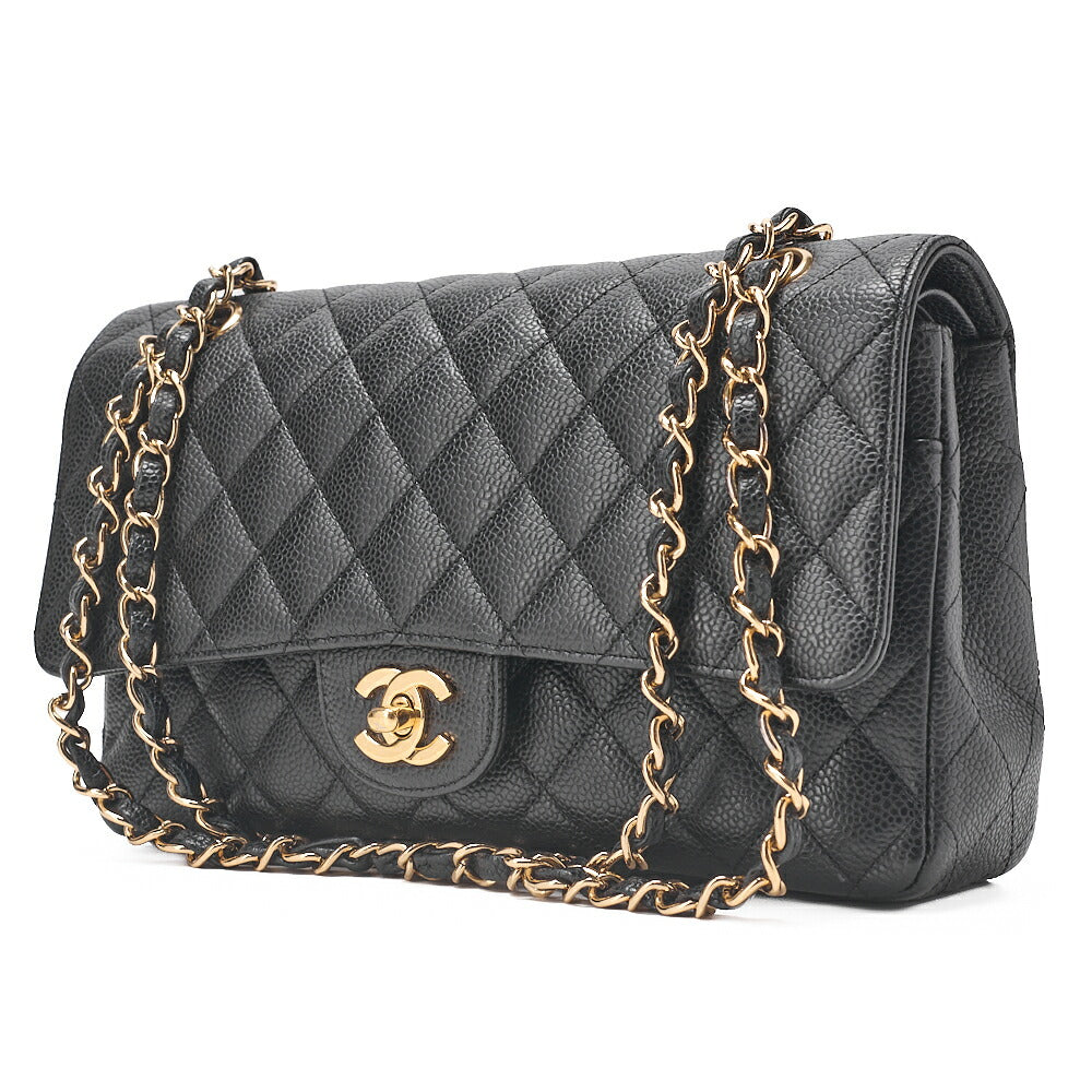 CHANEL Caviar Skin Matrasse 25cm Double Flap Chain Shoulder Black Gold-Tone Hardware, Pre-Owned