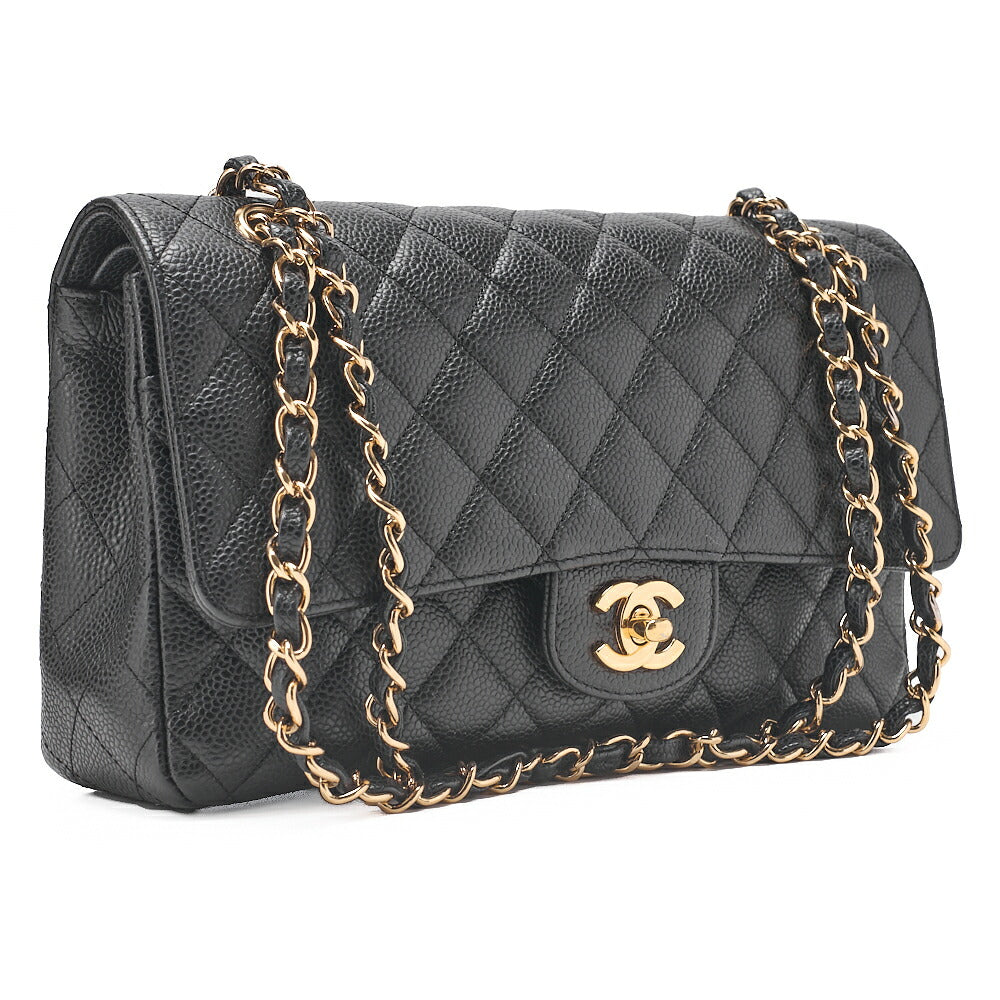 CHANEL Caviar Skin Matrasse 25cm Double Flap Chain Shoulder Black Gold-Tone Hardware, Pre-Owned