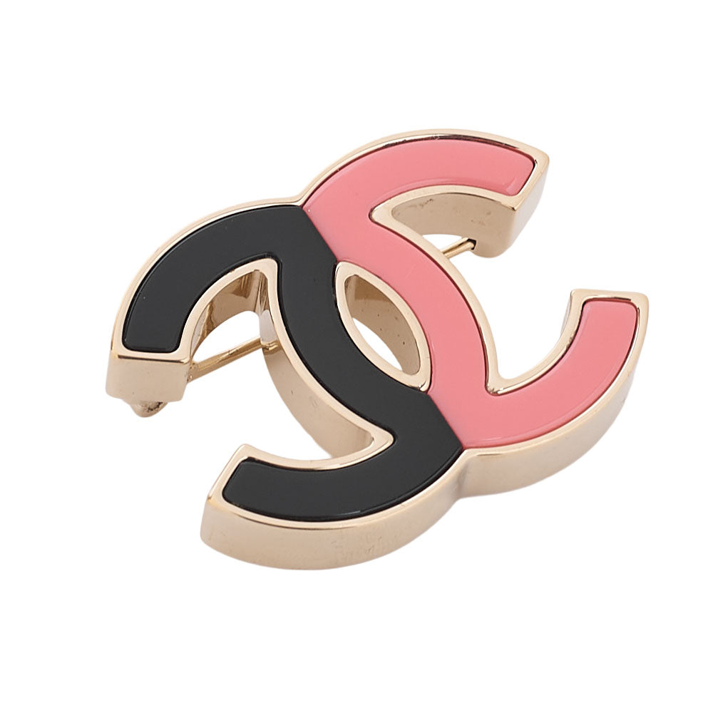 CHANEL Cocomark B23C Brooch GP (Gold Plated) x Plastic Black x Pink Brooch Gold-Tone Hardware, Pre-Owned