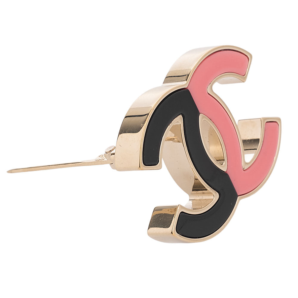 CHANEL Cocomark B23C Brooch GP (Gold Plated) x Plastic Black x Pink Brooch Gold-Tone Hardware, Pre-Owned