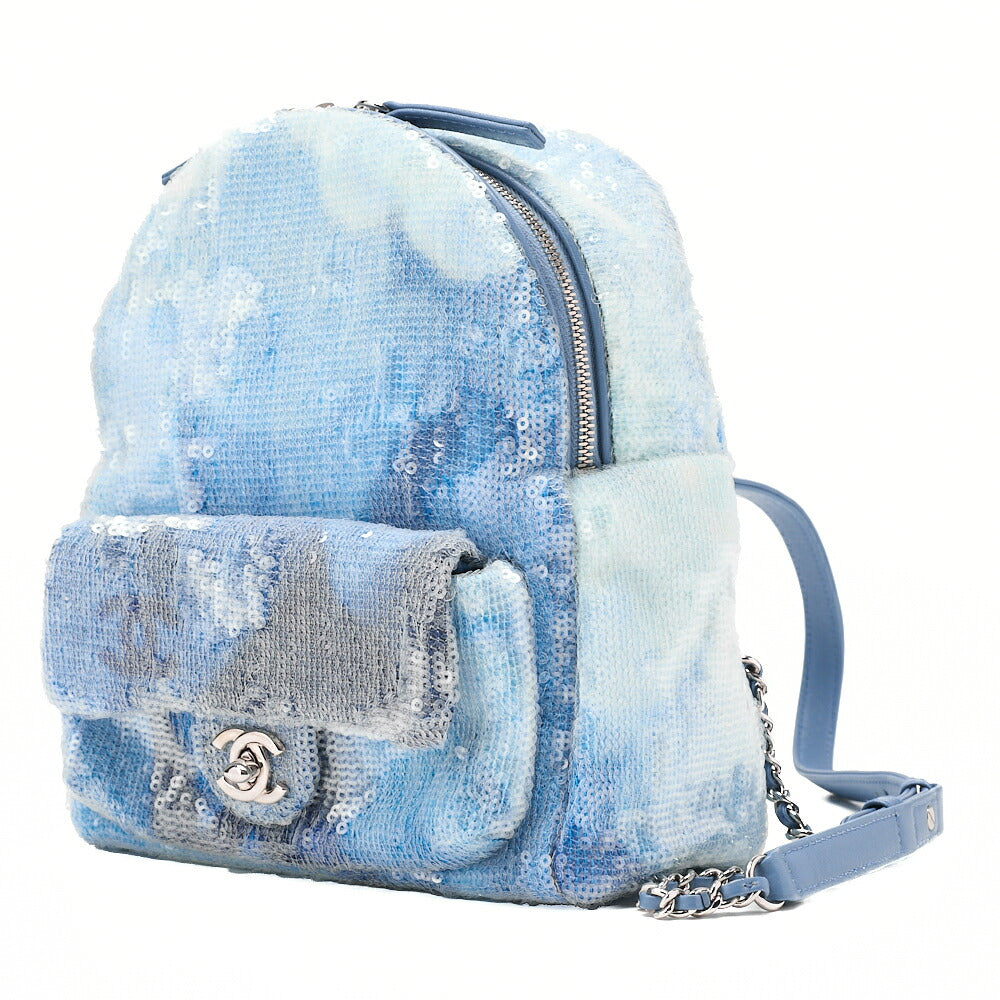 CHANEL Sequin Cocomark Chain Backpack Blue Multicolor Silver-Tone Hardware, Pre-Owned