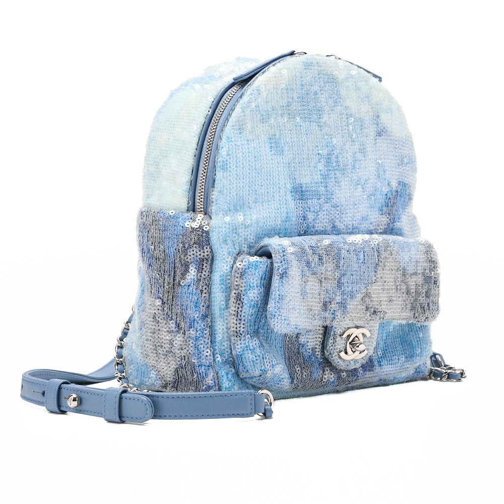 CHANEL Sequin Cocomark Chain Backpack Blue Multicolor Silver-Tone Hardware, Pre-Owned