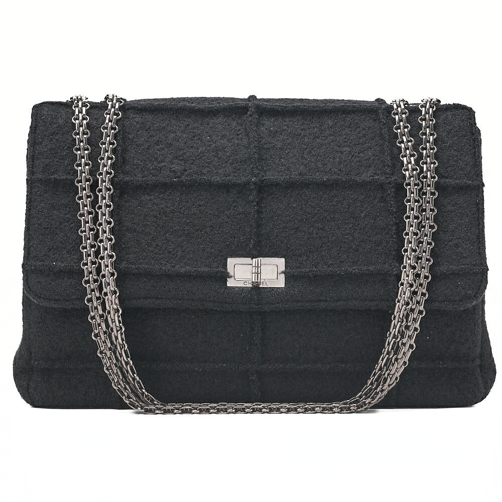 CHANEL Chanel Chocolate Bar 2.55 Lock 2.55 Chain Shoulder Single Flap Wool Felt Black Large Size Silver-Tone Hardware, Pre-Owned