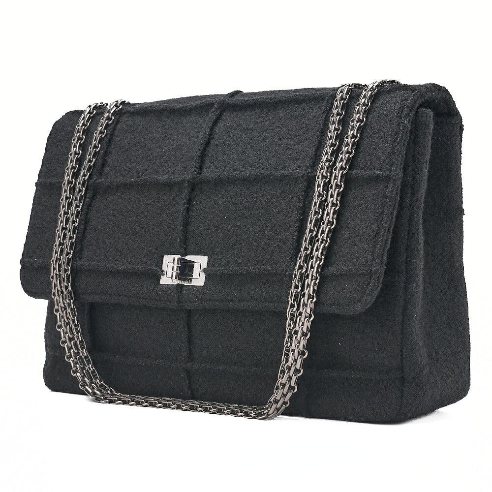 CHANEL Chanel Chocolate Bar 2.55 Lock 2.55 Chain Shoulder Single Flap Wool Felt Black Large Size Silver-Tone Hardware, Pre-Owned