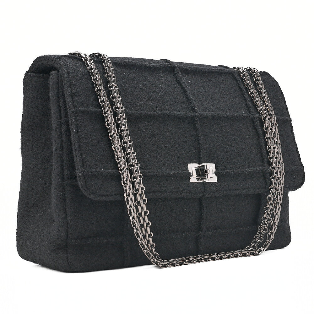 CHANEL Chanel Chocolate Bar 2.55 Lock 2.55 Chain Shoulder Single Flap Wool Felt Black Large Size Silver-Tone Hardware, Pre-Owned