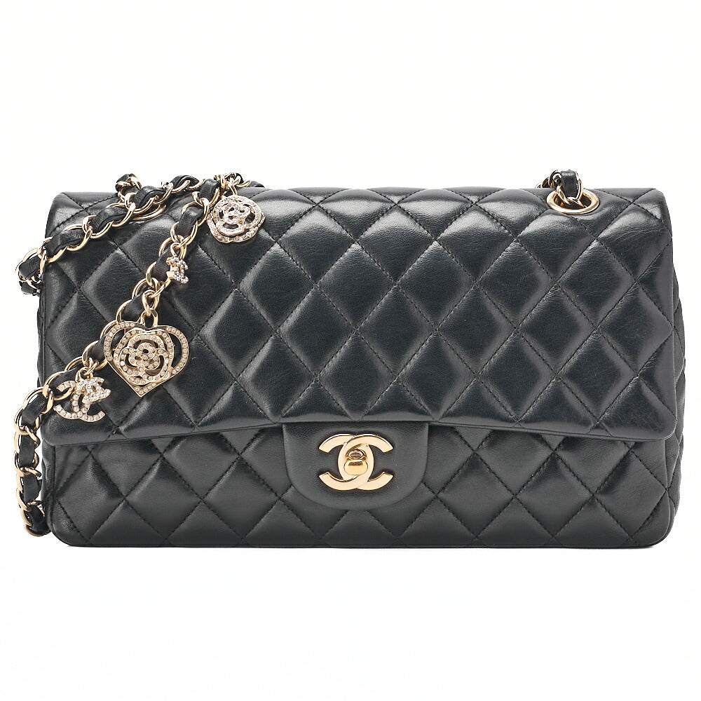 CHANEL Lambskin Matrasse 25cm Single Flap Icon Chain Shoulder Black Gold-Tone Hardware, Pre-Owned