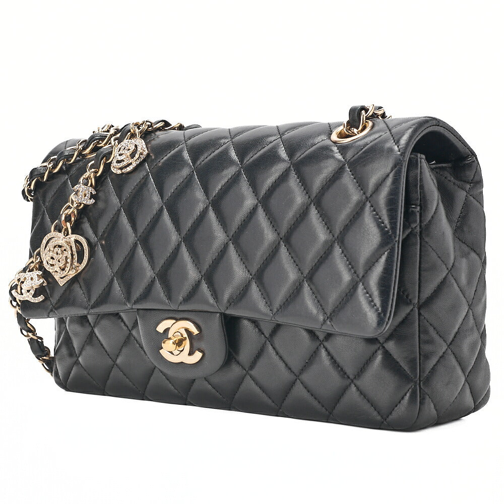CHANEL Lambskin Matrasse 25cm Single Flap Icon Chain Shoulder Black Gold-Tone Hardware, Pre-Owned