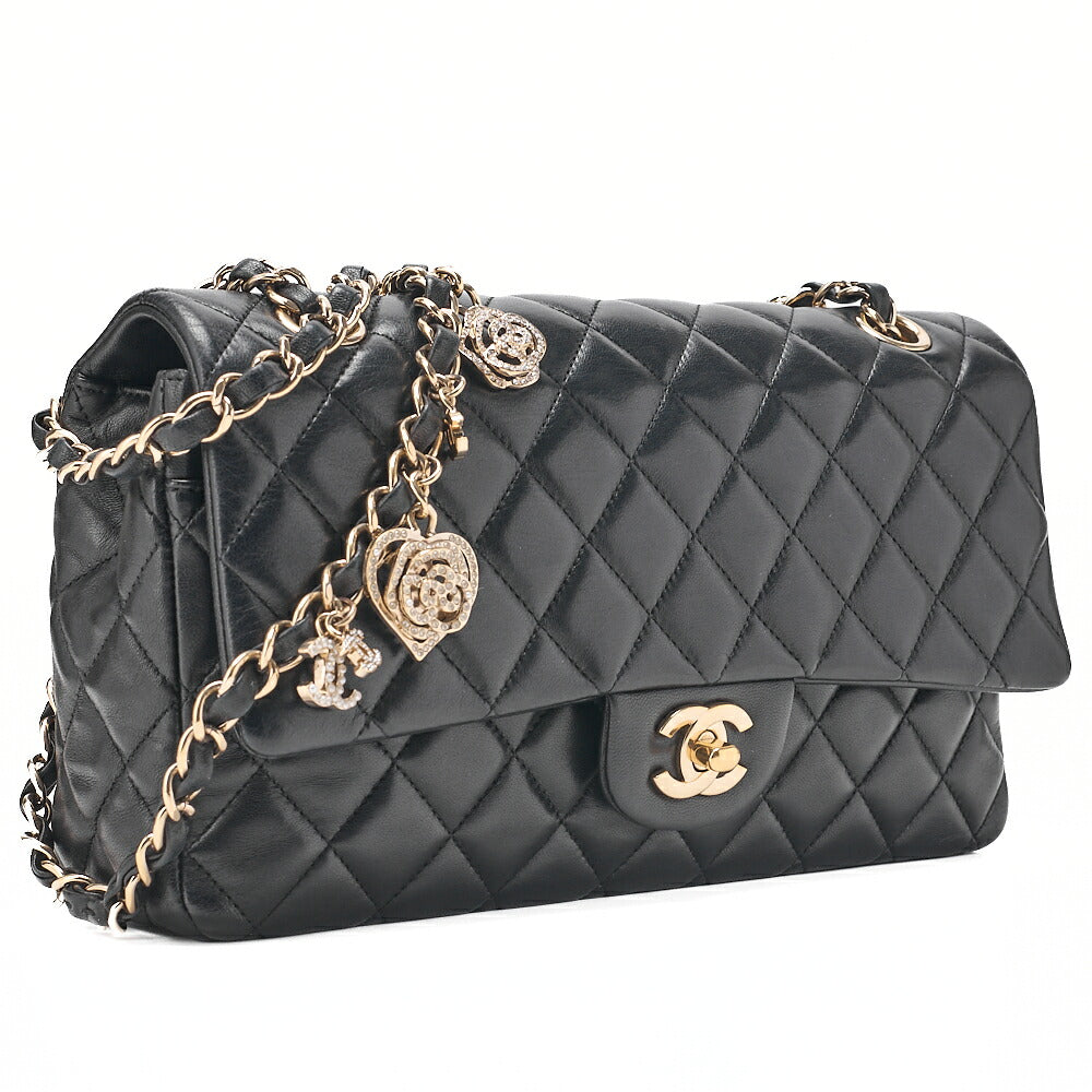 CHANEL Lambskin Matrasse 25cm Single Flap Icon Chain Shoulder Black Gold-Tone Hardware, Pre-Owned