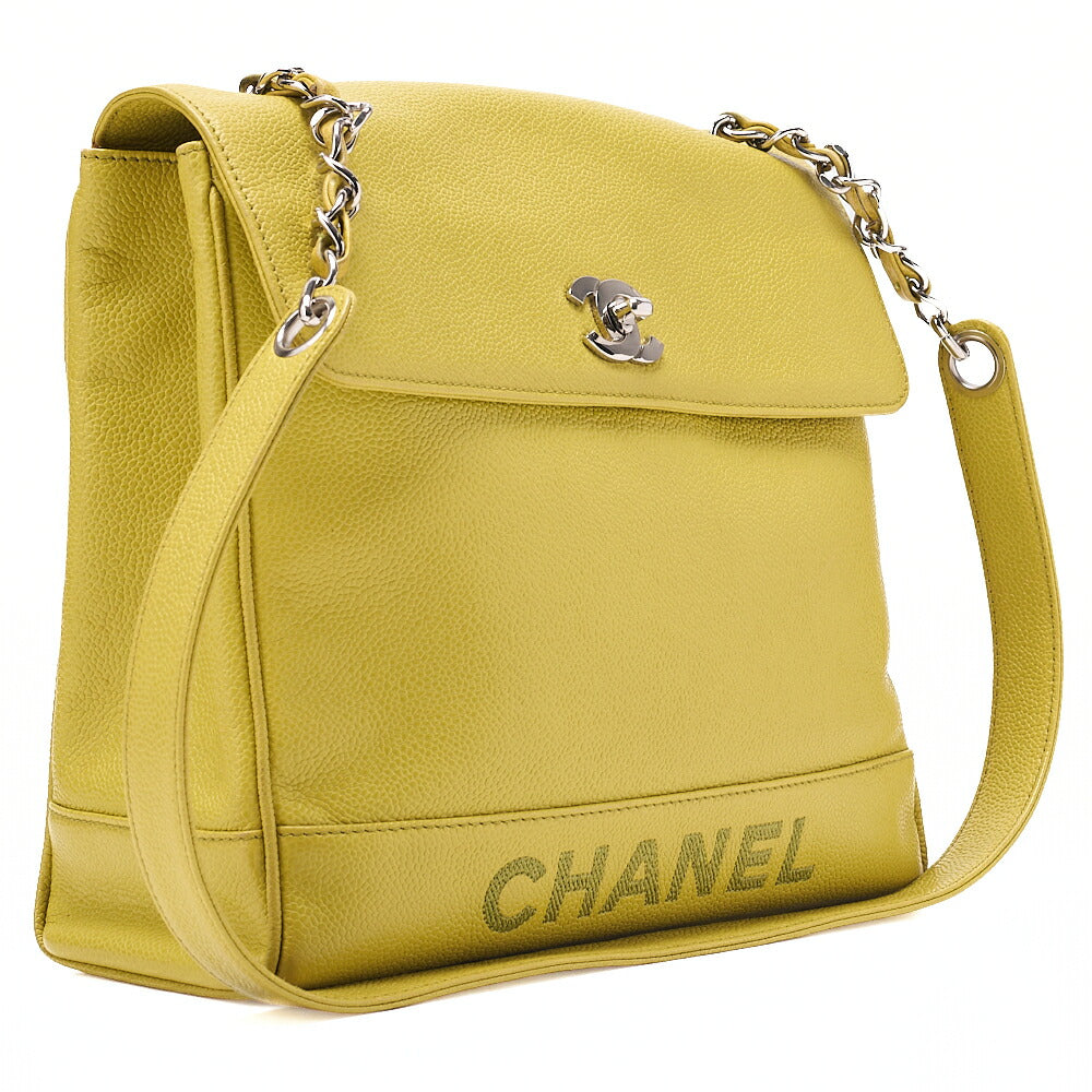 CHANEL Caviar Skin Turnlock Logo Mark One Chain Shoulder Green Silver-Tone Hardware, Pre-Owned