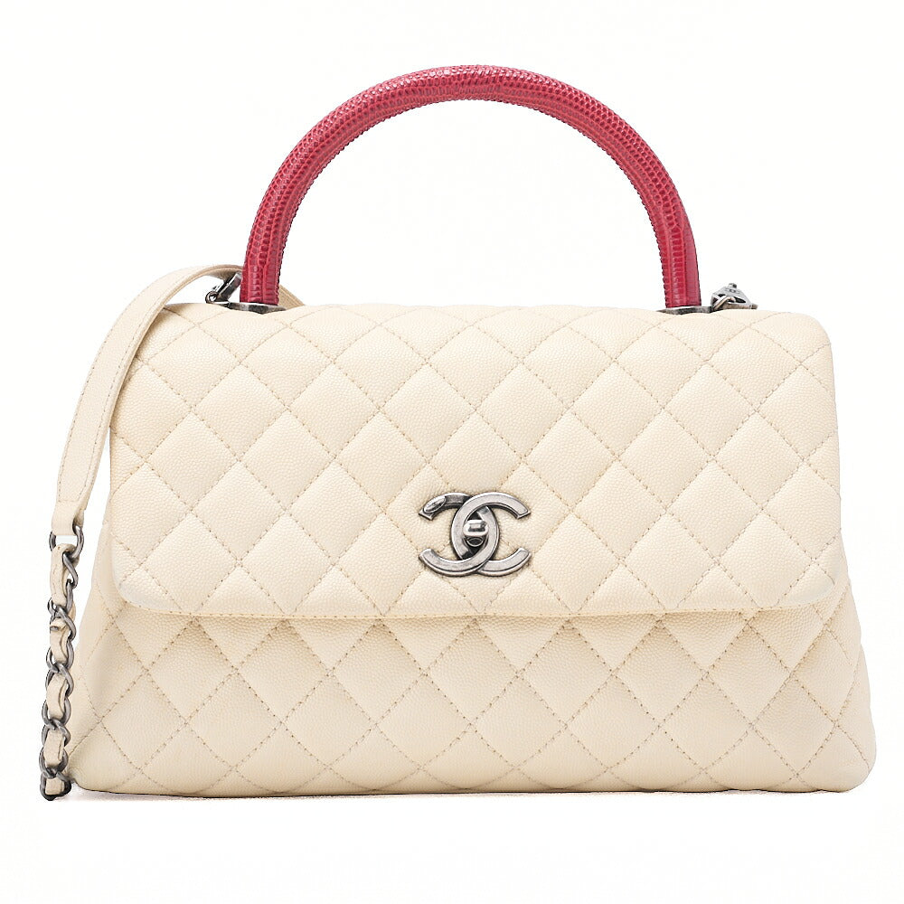 CHANEL Shoulder Bag Matlasse Coco Handle 2WAY Handbag Caviar Skin x Lizard Ivory Vintage-Tone Hardware, Pre-Owned