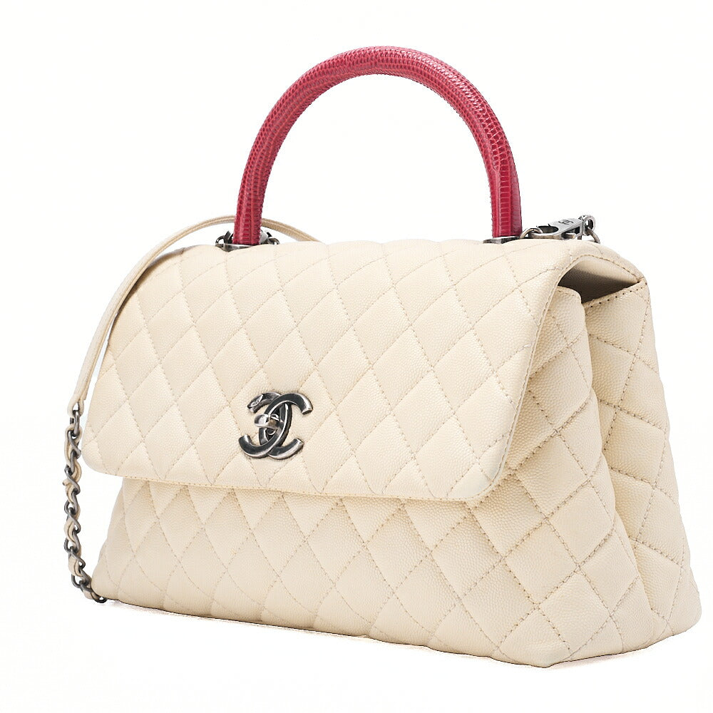 CHANEL Shoulder Bag Matlasse Coco Handle 2WAY Handbag Caviar Skin x Lizard Ivory Vintage-Tone Hardware, Pre-Owned