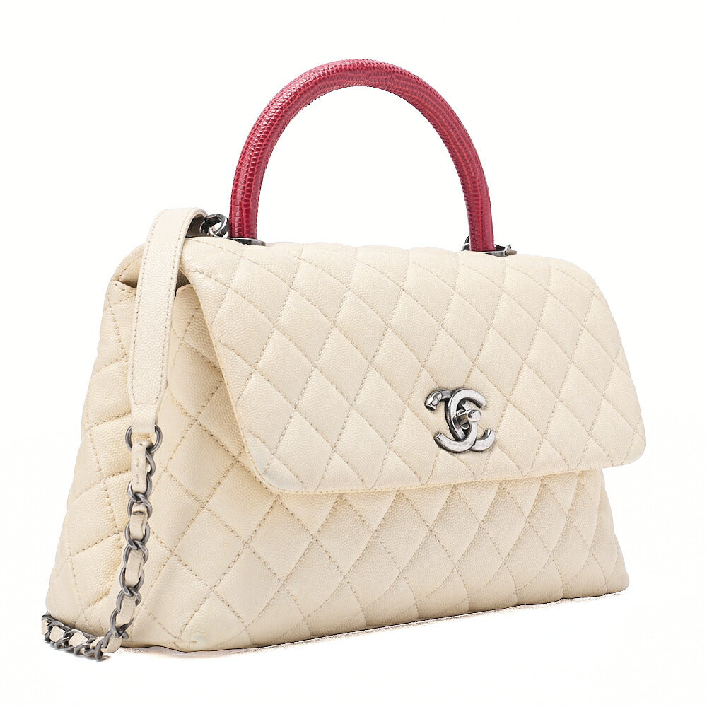 CHANEL Shoulder Bag Matlasse Coco Handle 2WAY Handbag Caviar Skin x Lizard Ivory Vintage-Tone Hardware, Pre-Owned