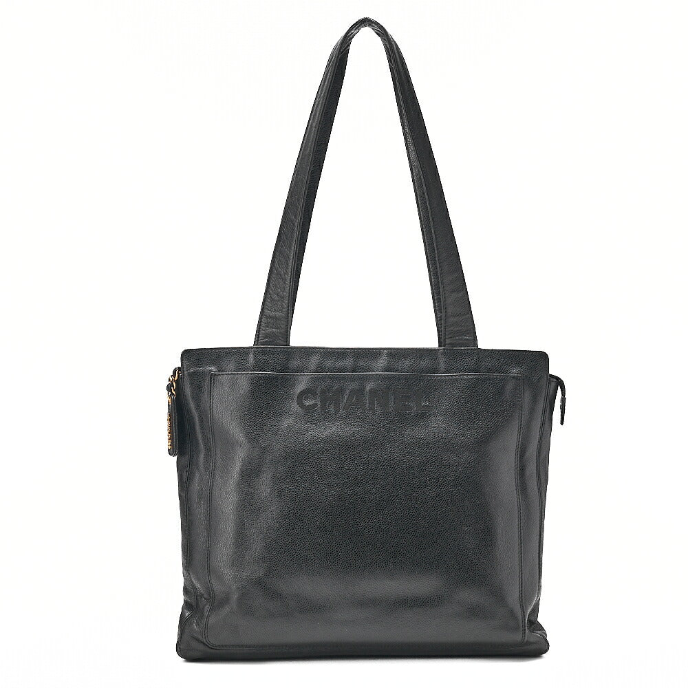 CHANEL Logo Mark Tote Bag with Logo Charm Caviar Skin Black Gold-Tone Hardware, Pre-Owned