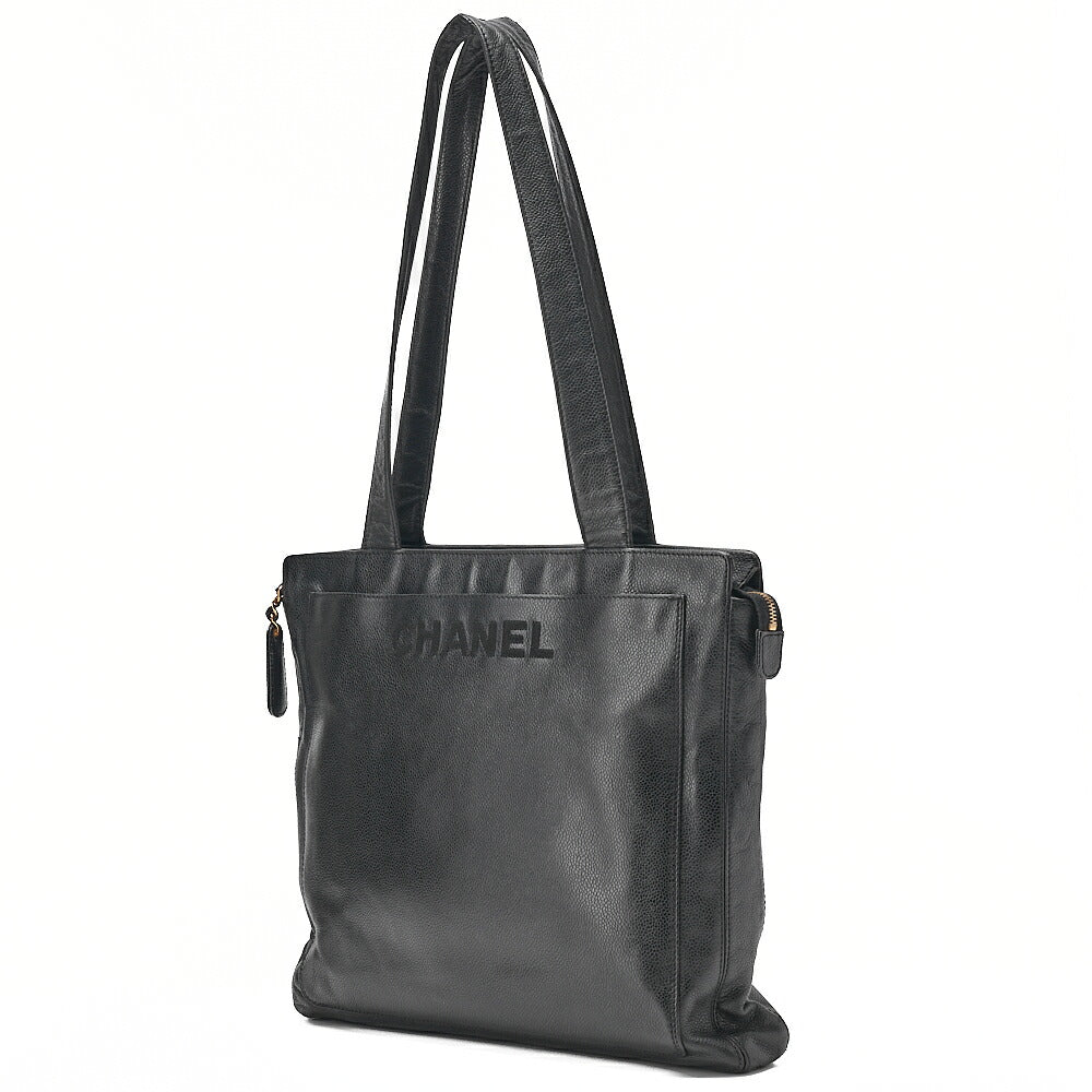 CHANEL Logo Mark Tote Bag with Logo Charm Caviar Skin Black Gold-Tone Hardware, Pre-Owned