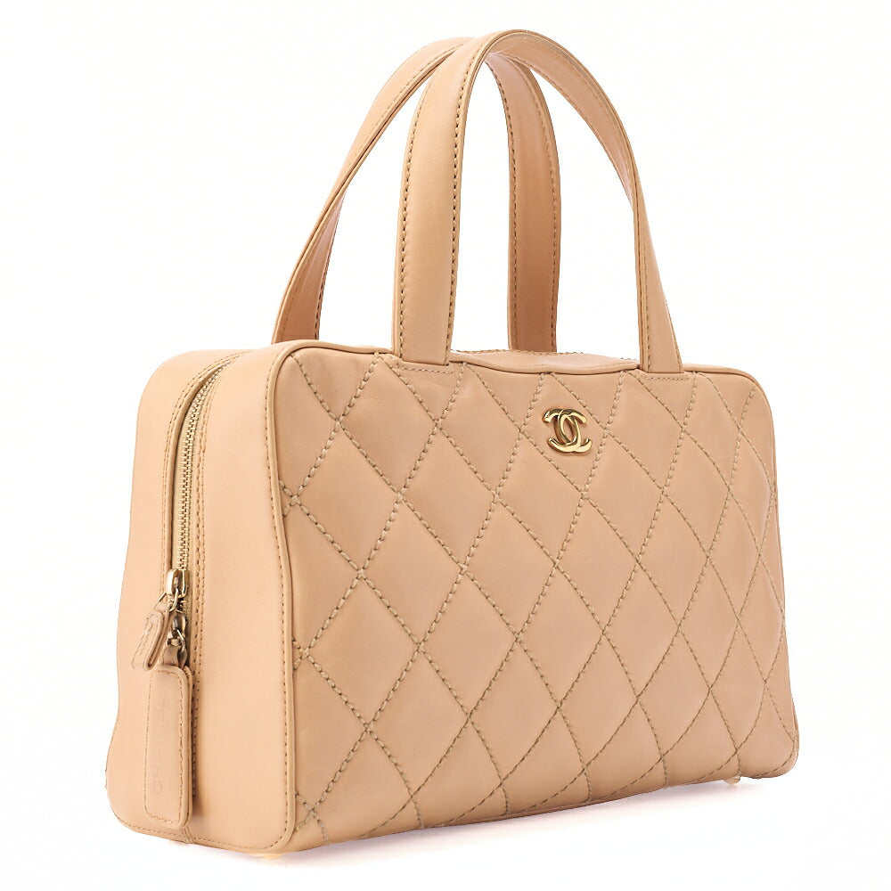 CHANEL Coco Mark Wild Stitch Handbag Calf Leather Beige Gold-Tone Hardware, Pre-Owned